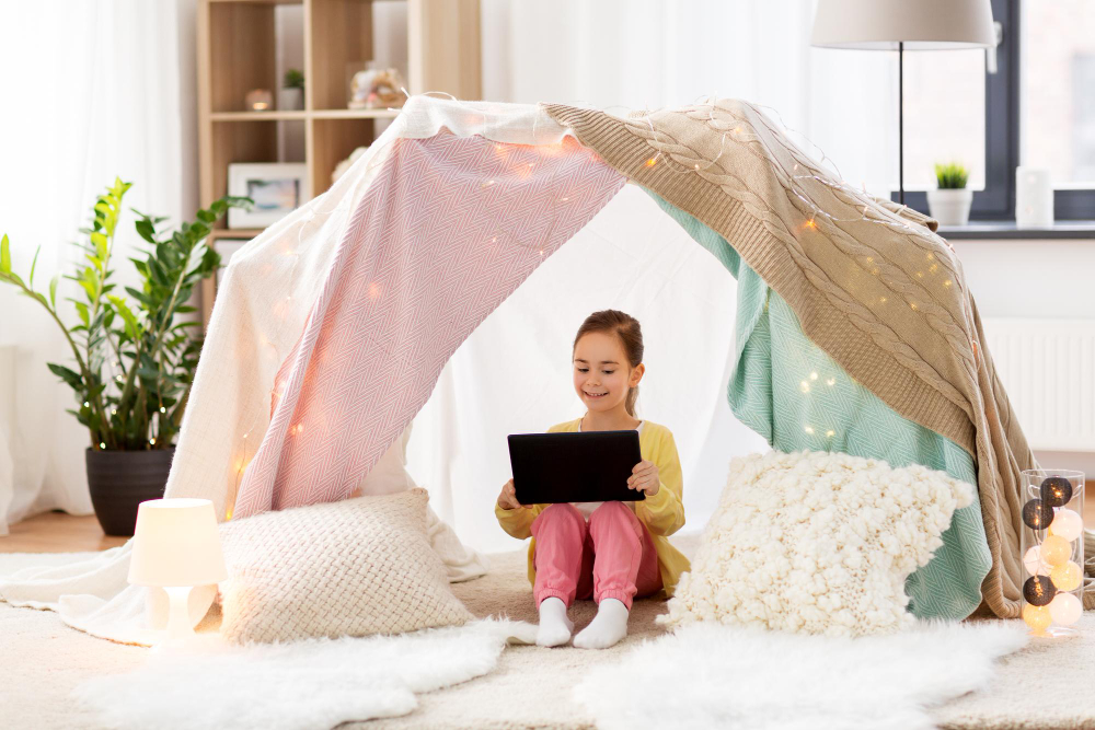 Tente De Jeu Enfant FREEAMG – Cabane Cottage 120x105x128 Cm, Rose, Avec Guirlandes Lumineuses Décoratives